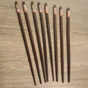 Asian Chopsticks Dark Wood Floral Band 8pcs/4 sets Original Box Very Nice